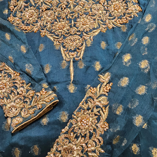 TT-W48 - Embroidered Banarasi Chiffon Gharara Suit (Hand Work) - 3 Piece