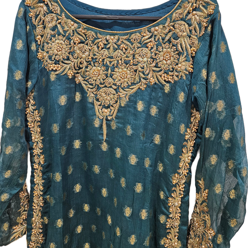 TT-W48 - Embroidered Banarasi Chiffon Gharara Suit (Hand Work) - 3 Piece